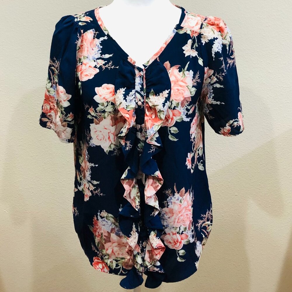 JOIE Silk Flowy Top Blouse Floral Frill V Neck Short Sleeve Navy Coral M